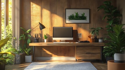 Fototapeta premium Home office setup with natural light modern design cozy atmosphere