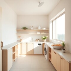 a modern and minimalist kitchen characterized by clean lines and a bright, airy atmosphere. Cabinetry.  Countertop. Sink Area. Appliances. Natural Light. Flooring. Greenery.
