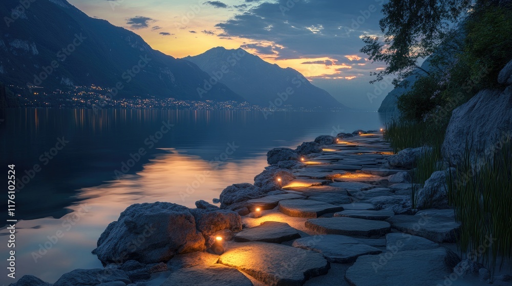 Poster a quiet lakeside stone path at twilight, glowing lights guide the way as the mountains cast a serene
