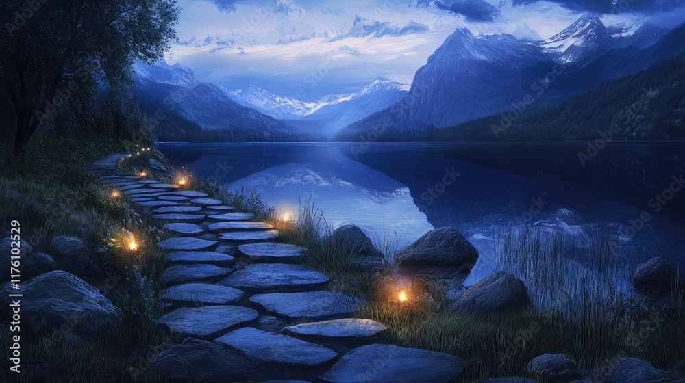 Poster a quiet lakeside stone path at twilight, glowing lights guide the way as the mountains cast a serene