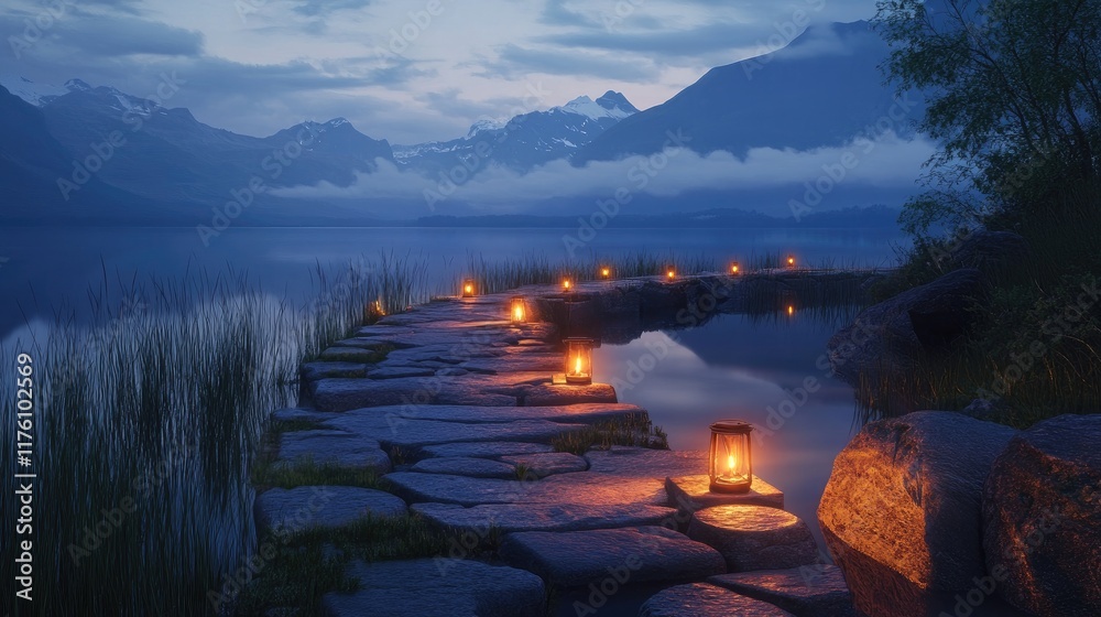 Poster a quiet lakeside stone path at twilight, glowing lights guide the way as the mountains cast a serene