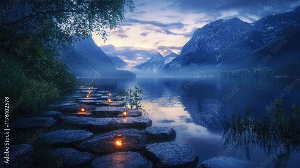 Poster a quiet lakeside stone path at twilight, glowing lights guide the way as the mountains cast a serene