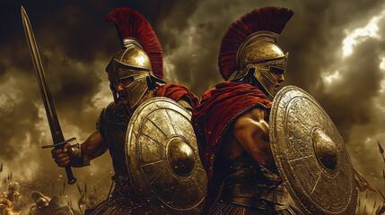 Epic depiction of two ancient greek warriors in battle gear, holding shields and swords, set against a dramatic sky background
