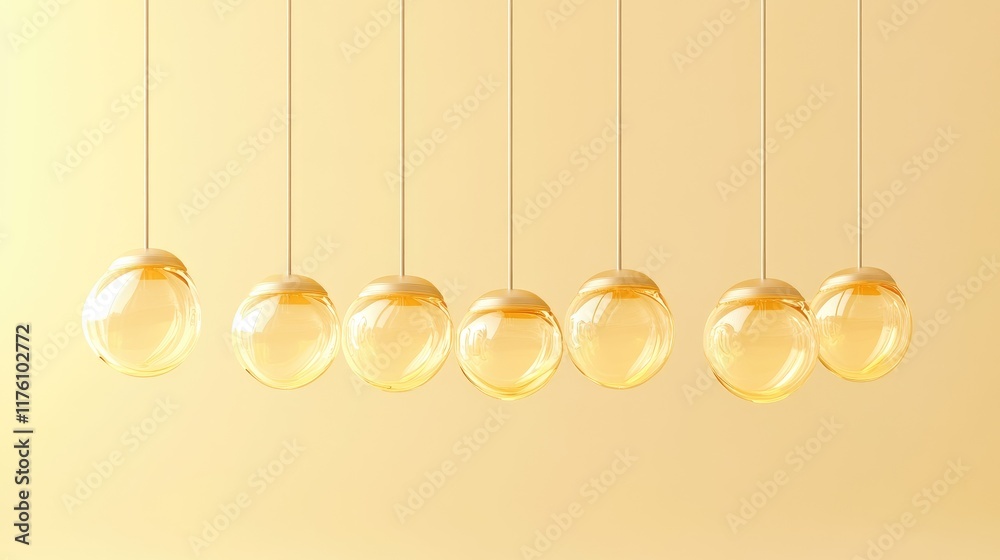 Poster a row of minimalistic warm light bulbs hanging elegantly against a soft yellow background, creating 