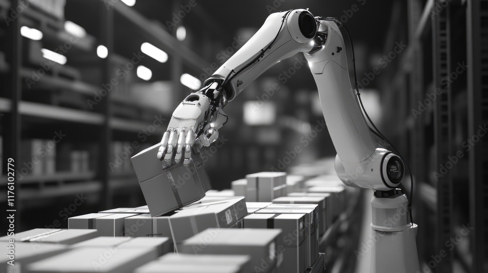 Poster A robotic arm in action, picking up packages in a high-tech automated warehouse, symbolizing the future of automation and efficiency.