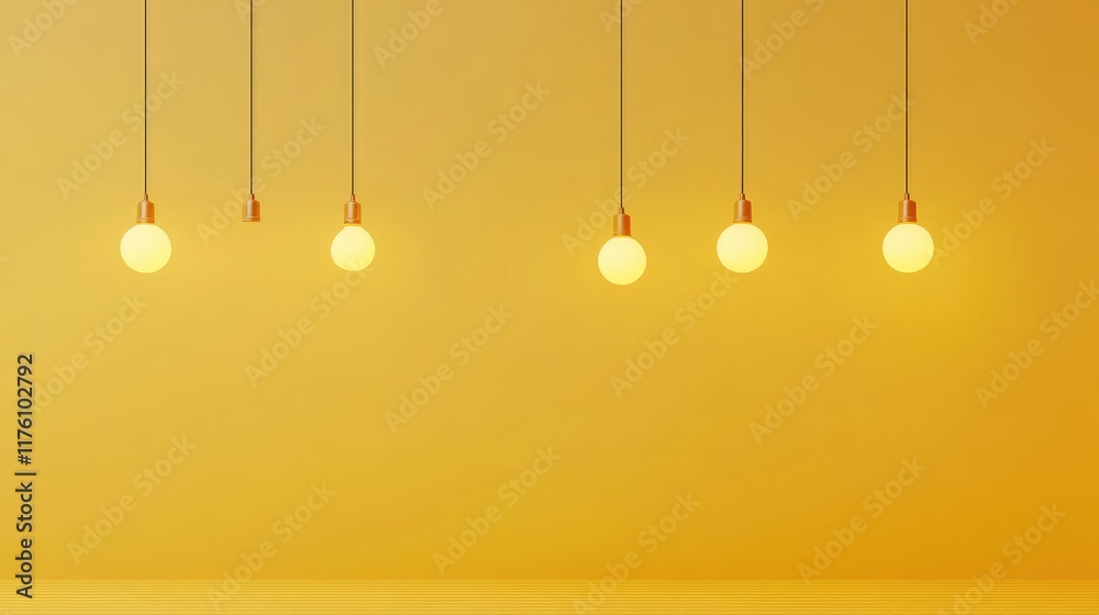 Poster a row of minimalistic warm light bulbs hanging elegantly against a soft yellow background, creating 