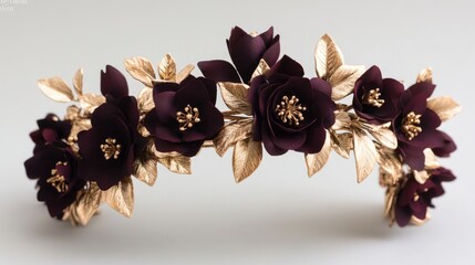 A regal maroon floral crown with golden leaves, symbolizing elegance and grace, set against a refined, neutral background.