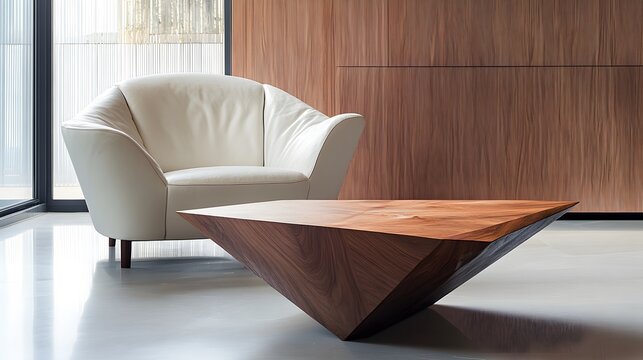 features a modern living room with a white leather armchair and a stylish wooden triangular coffee table as focal point of space