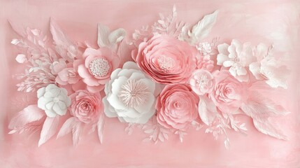 Fototapeta premium A soft pastel pink background with textured paper flowers, creating an elegant and graceful floral arrangement full of charm and femininity.