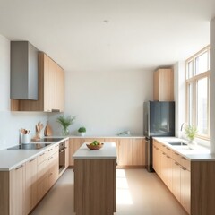 A modern and minimalist kitchen characterized by clean lines and a bright, airy atmosphere. Cabinetry.  Countertop. Sink Area. Appliances. Natural Light. Flooring. Greenery.
