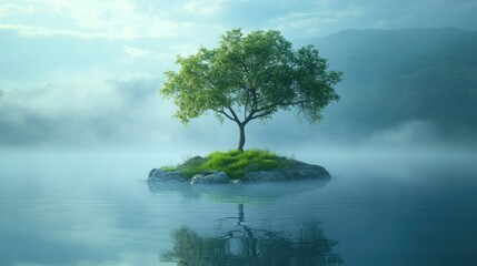 A solitary tree standing on an island in a misty lake, its reflection creating a serene and tranquil scene, perfect for peaceful landscapes.