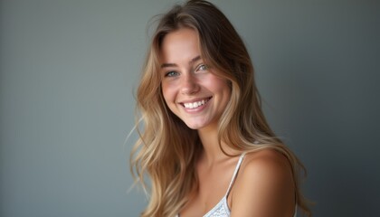 Fototapeta premium A beautiful young woman with long, flowing blonde hair beams joyfully at the camera, radiating warmth and positivity. Her sparkling blue eyes and genuine smile create an inviting atmosphere, perfect