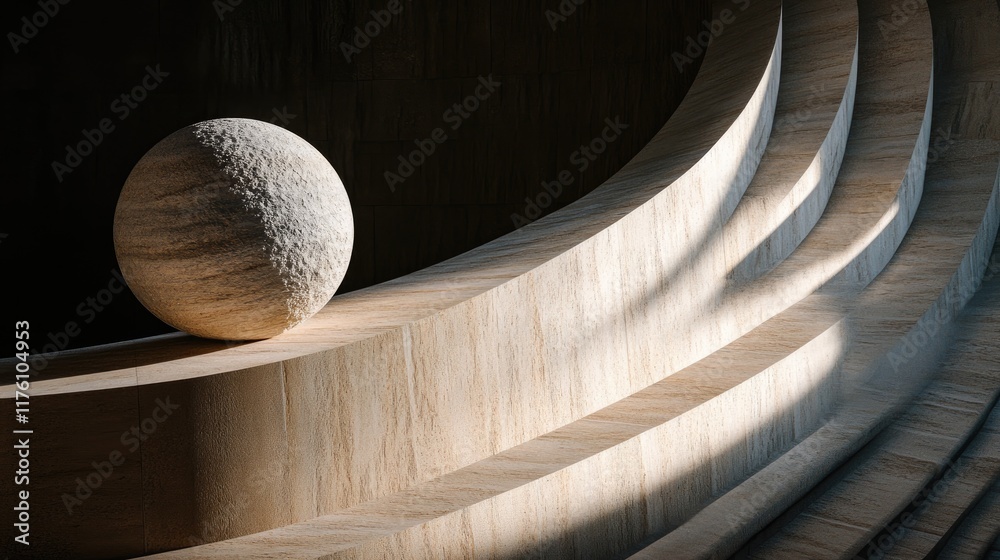 Poster a stone sphere perched on a curved wooden structure, with intense lighting and shadows creating a dr