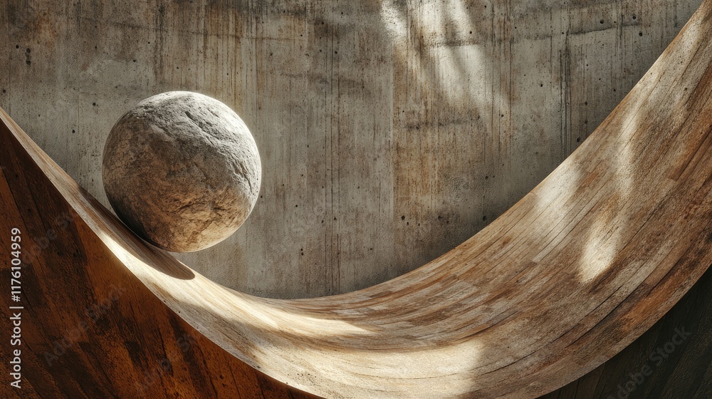 Poster a stone sphere perched on a curved wooden structure, with intense lighting and shadows creating a dr