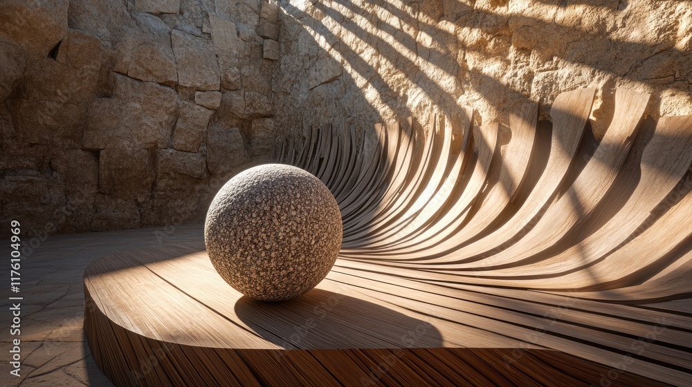 Poster a stone sphere perched on a curved wooden structure, with intense lighting and shadows creating a dr