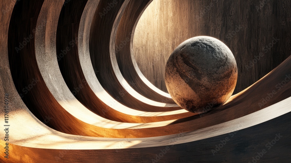 Poster a stone sphere perched on a curved wooden structure, with intense lighting and shadows creating a dr