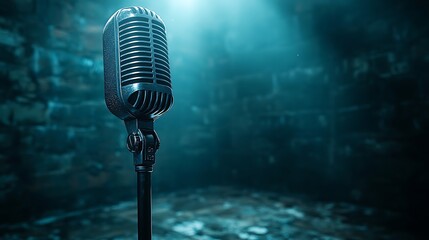 Vintage microphone on stage, brick background, music performance, concert promotion