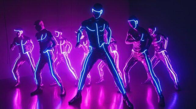 Neon Light Dancers Performance Futuristic Show Electrifying Dance Crew in Purple and Blue Glowing Suits