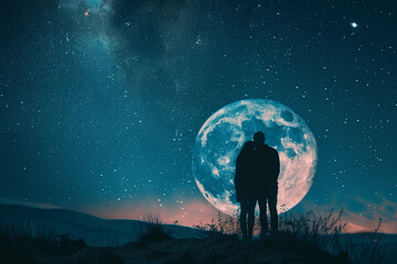 Obraz premium Couple in Love and Full Moon Share Passionate Moment Under Starry Sky, Embodying Romantic and Emotional Atmosphere