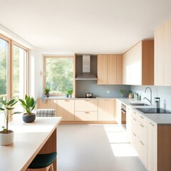 A modern and minimalist kitchen characterized by clean lines and a bright, airy atmosphere. Cabinetry.  Countertop. Sink Area. Appliances. Natural Light. Flooring. Greenery.

