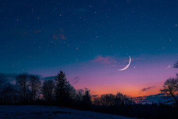 Fototapeta premium Crescent Moon Glows Softly Over Starry Night with Subtle Sunlight Touching the Horizon of a Tranquil Landscape