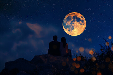 Fototapeta premium Couple in Love and Full Moon Create Romantic Silhouette Under Starry Sky, Perfect Scene for Love and Affection Themes