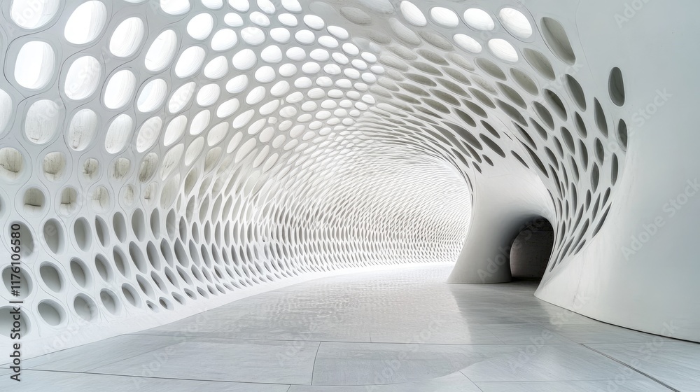 Aufkleber a white futuristic tunnel with elegant, curved geometric patterns, creating an ethereal, contemporar
