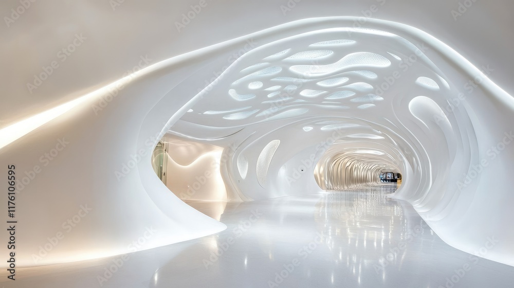 Aufkleber a white futuristic tunnel with elegant, curved geometric patterns, creating an ethereal, contemporar