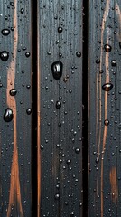 Obraz premium Close-up of dark wooden planks with water droplets.