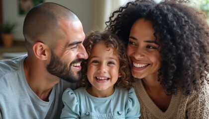 A happy family of three, featuring a man and woman with a young girl, all sharing radiant smiles in a cozy indoor setting. The warmth of their expressions and the soft lighting create an inviting
