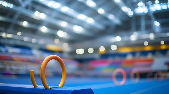 A large arena with various apparatuses--parallel bars, rings, and balance beams--in focus, with blurred spectator seating