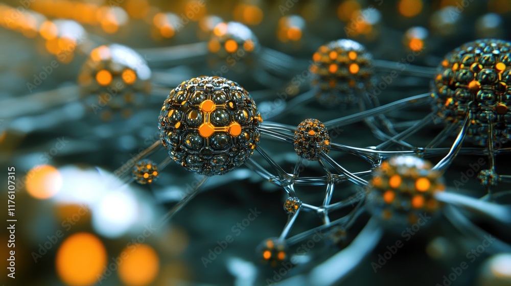 Poster advanced nanotechnology network with spherical molecular structures, showcasing a detailed and futur