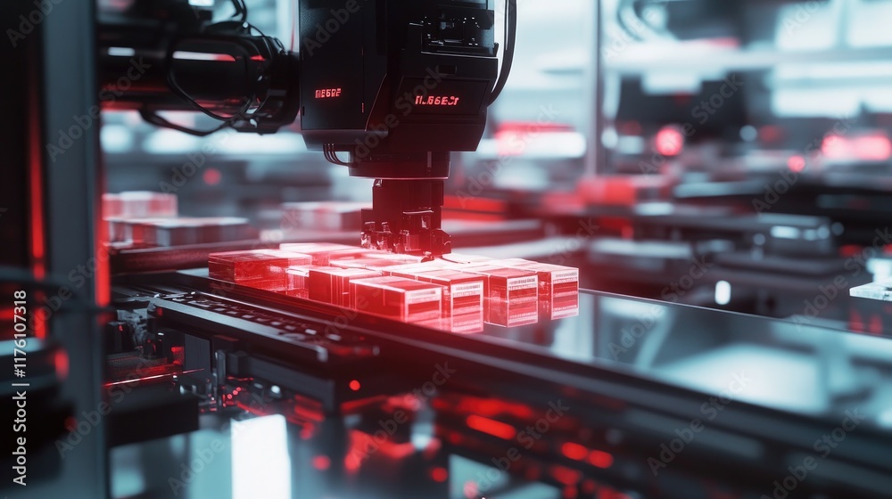 Poster Advanced robotic arm sorting packages in an automated warehouse, reflecting innovation and precision in logistics and supply chain management.