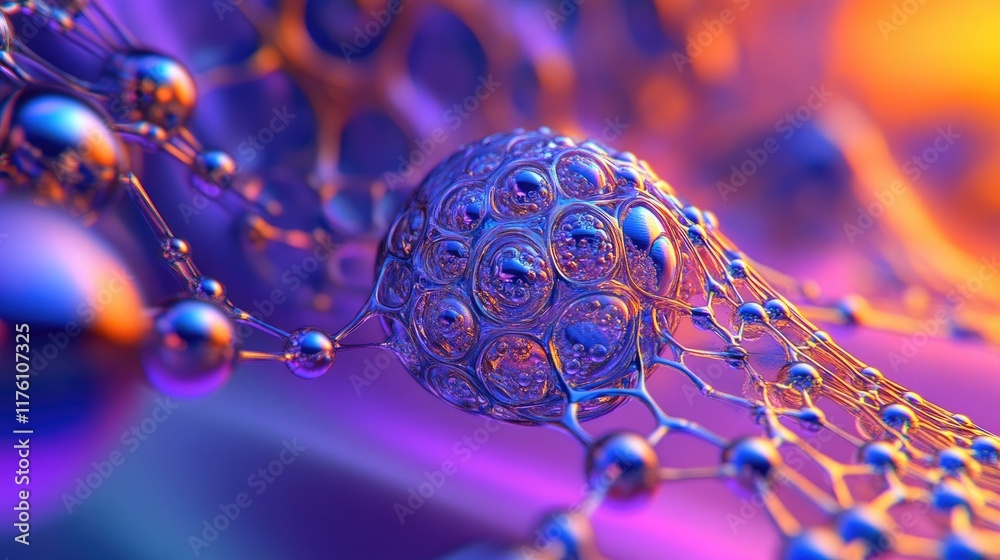 Poster advanced nanotechnology network with spherical molecular structures, showcasing a detailed and futur