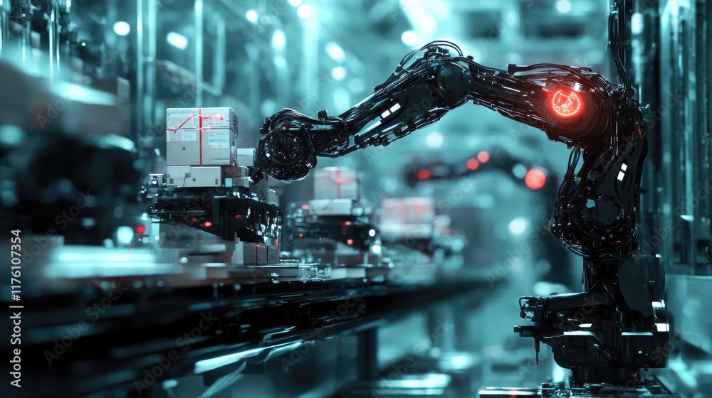 Poster Advanced robotic arm sorting packages in an automated warehouse, reflecting innovation and precision in logistics and supply chain management.