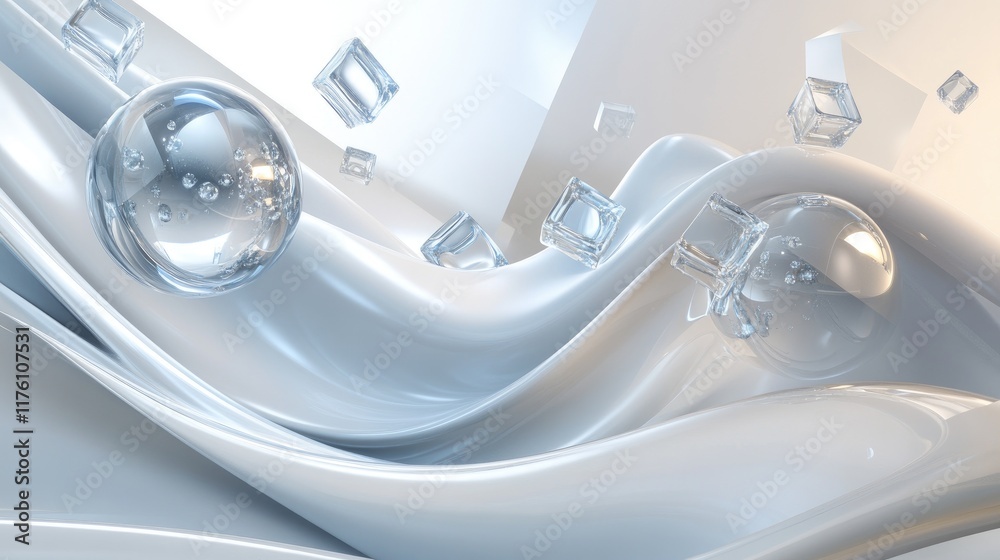 Aufkleber An abstract creamy wave flowing with floating spheres and cubes, creating a surreal, modern design that captures the essence of fluid motion and form.
