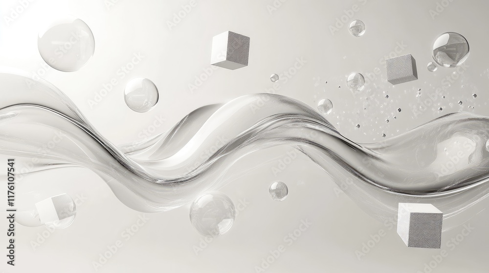Aufkleber An abstract creamy wave flowing with floating spheres and cubes, creating a surreal, modern design that captures the essence of fluid motion and form.