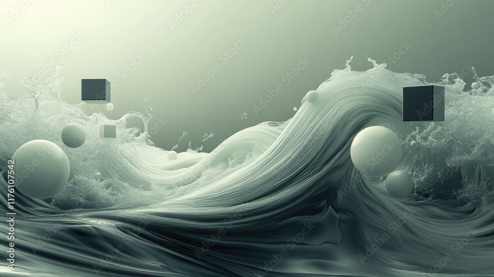Poster An abstract creamy wave flowing with floating spheres and cubes, creating a surreal, modern design that captures the essence of fluid motion and form.