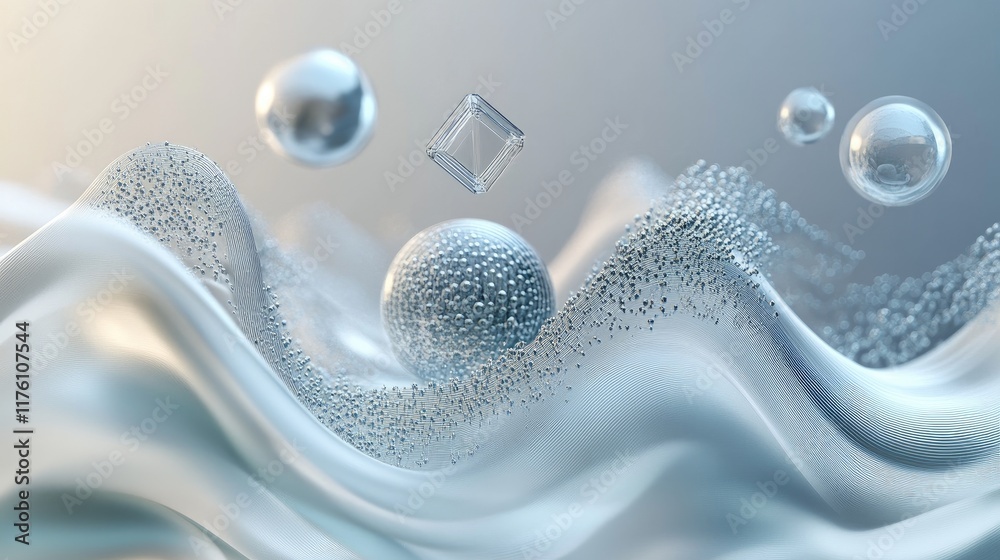 Poster An abstract creamy wave flowing with floating spheres and cubes, creating a surreal, modern design that captures the essence of fluid motion and form.