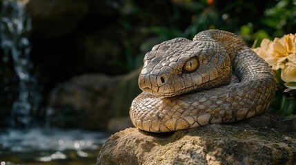 Obraz premium A snake resting on a stone Buddha statue in a serene garden, with delicate flowers and trickling water nearby