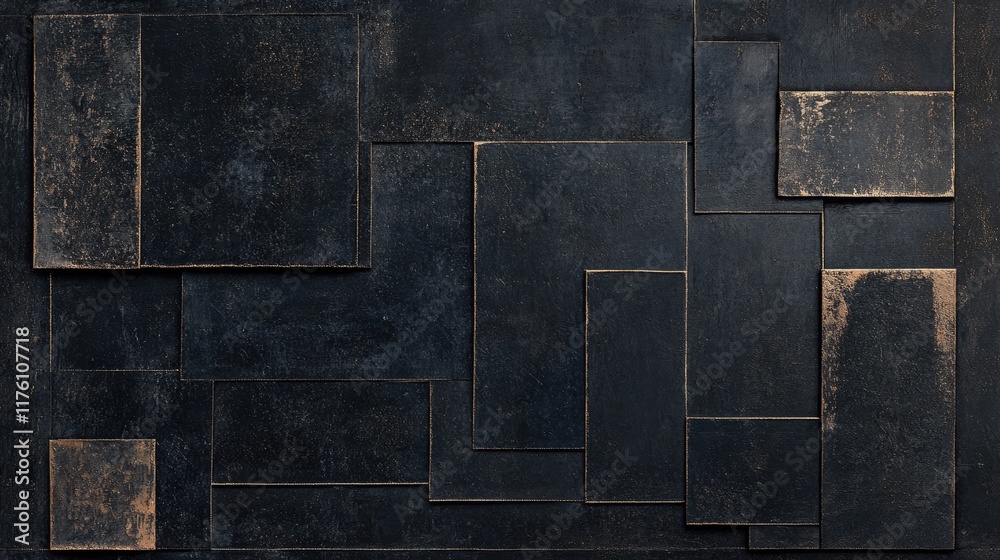 Poster an abstract geometric composition of dark rectangular shapes arranged on a black background, exuding