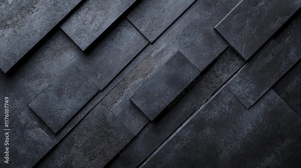Poster an abstract geometric composition of dark rectangular shapes arranged on a black background, exuding