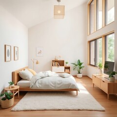 a bright and cozy nursery designed with a minimalist aesthetic. Bed. Flooring. Windows. Decor. Furniture. Soft Toys. Lighting. Shadows. 
