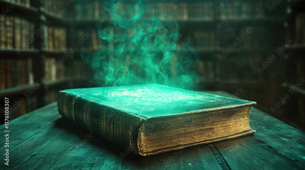 Poster An enchanted book with a glowing magical aura, placed on an ancient wooden table in a dimly lit library, creating a mystical atmosphere.