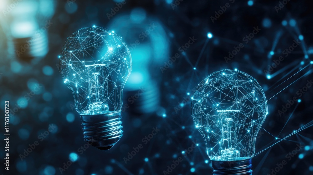Aufkleber bright light bulbs against a chalkboard with abstract, futuristic connections drawn in white, creati