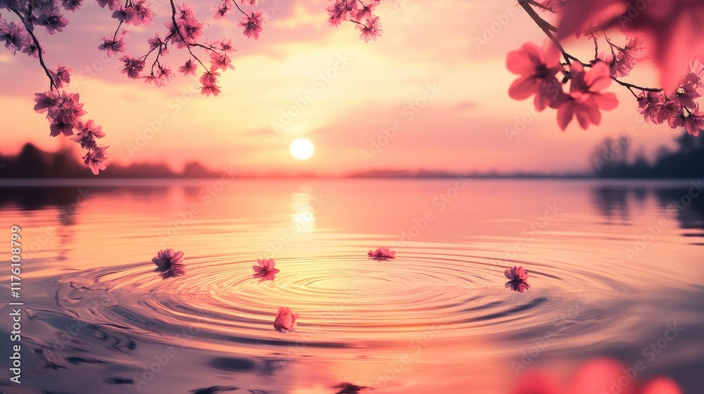 Poster calm lake at sunset, with a beautiful reflection of the sky and soft ripples on the water, creating 