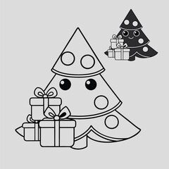 

A festive coloring page featuring a decorated Christmas tree adorned with ornaments and a shining star on top, surrounded by beautifully wrapped gift boxes in various sizes.