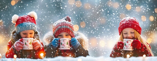 Children Enjoying Hot Cocoa in a Winter Wonderland, Festive Snowy Scene with Cozy Holiday Vibes of Christmas Warmth Illustration