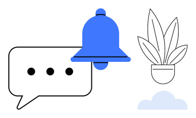 Message bubble with ellipsis, bell icon, potted plant, and cloud in minimalistic design. Ideal for communication, alerts, productivity, relaxation, environmental themes organization tech