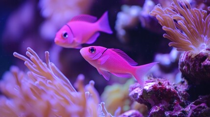 Close-up of a trio of bright pink fish swimming through a colorful coral reef, capturing the beauty of the underwater world.